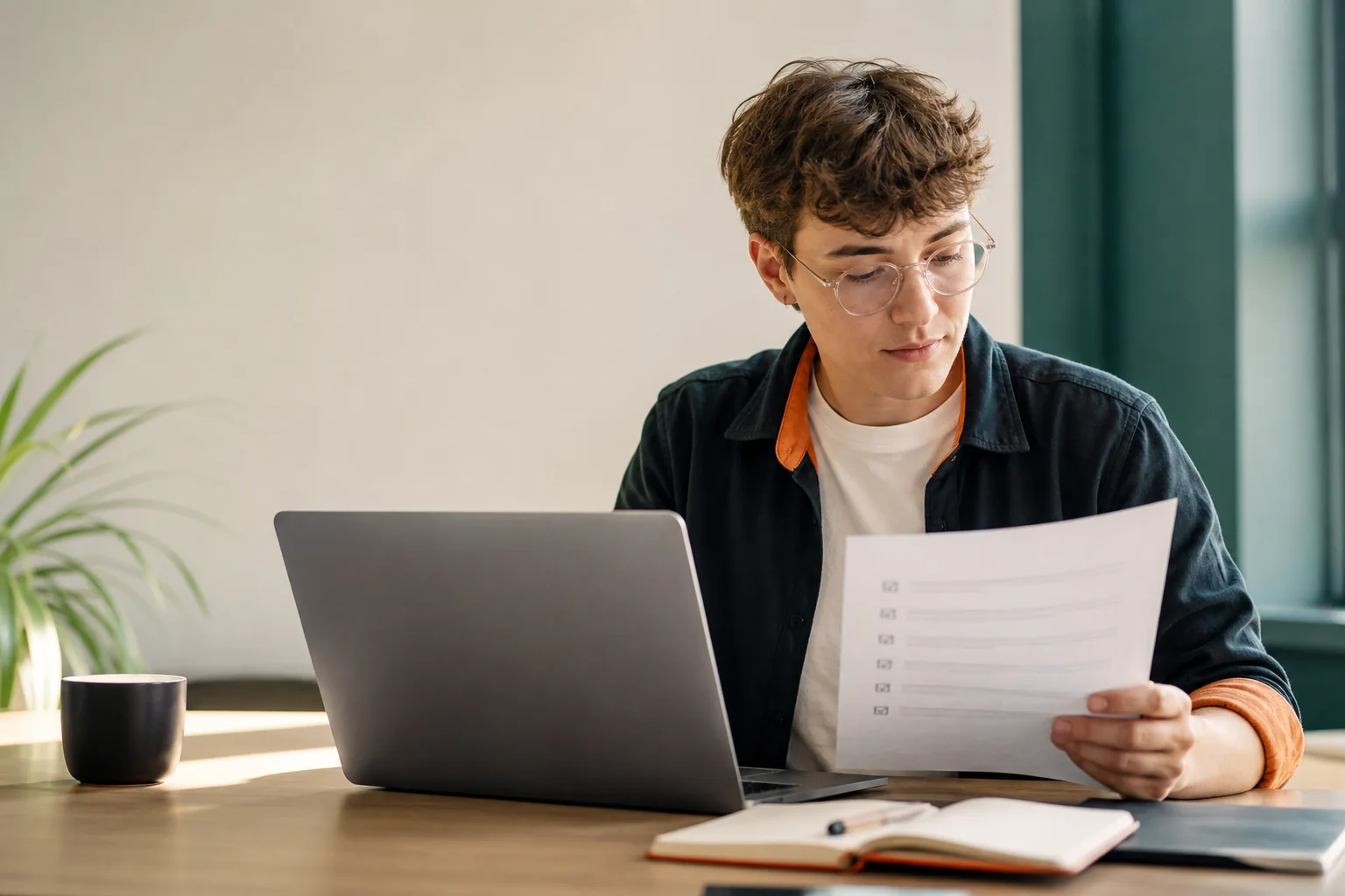 An integration engineer reviewing a readiness checklist at a laptop